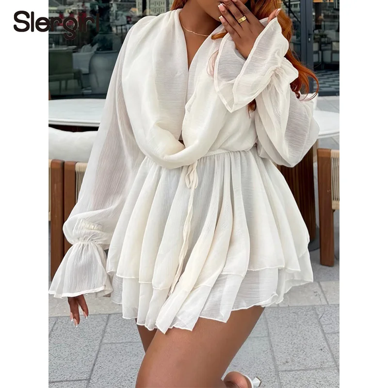 Slergiri Swinging Collar Long Sleeve White Dress Women Fashion New 2026 Spring Summer Elastic Waist Layered Hem Short Dresses