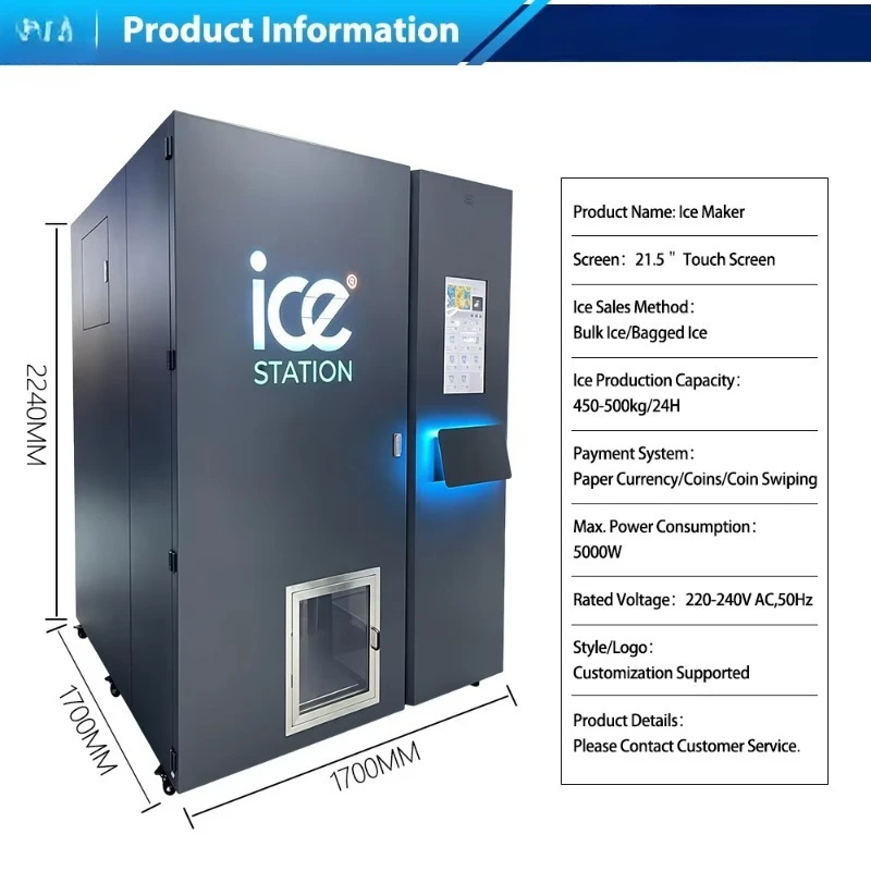 Commercial 450kg Automatic Ice Vending Machine 24/7 Self-Service Ice Cube Maker Vendor with Multiple Payment Systems for Mall