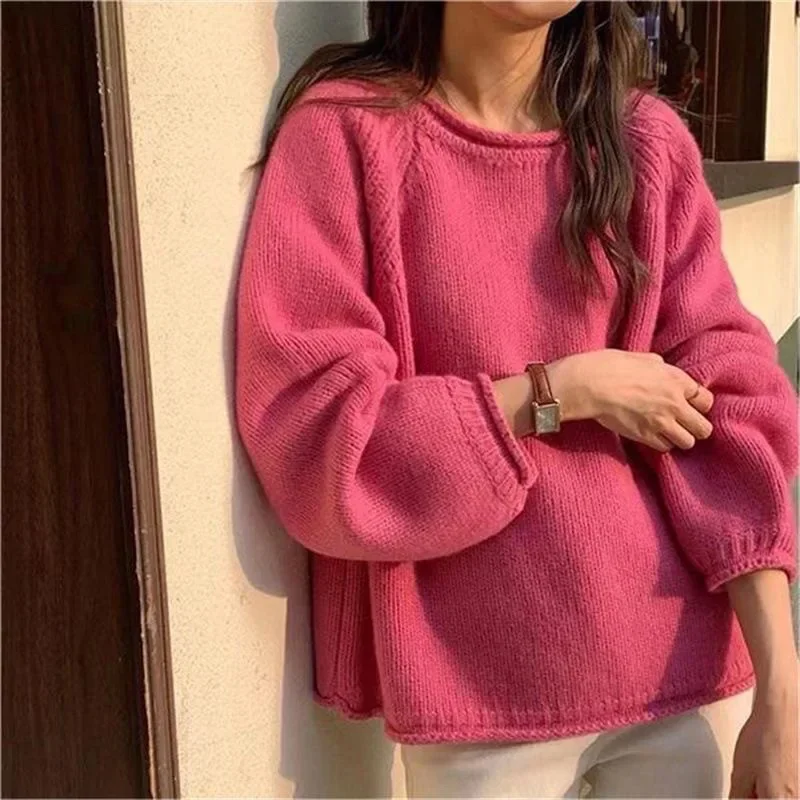 

Versatile Casual Style Stylish Soft Supple Korean-Style Rolled Edge Solid Color Pullover Sweater Women's Soft Loose-Fit Knit Top