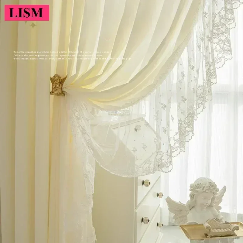 

New French Lace White Tulle Splicing Sheer Curtains for Living Room Bedroom Dining Window Decor Elegant Blackout Custom Fabric