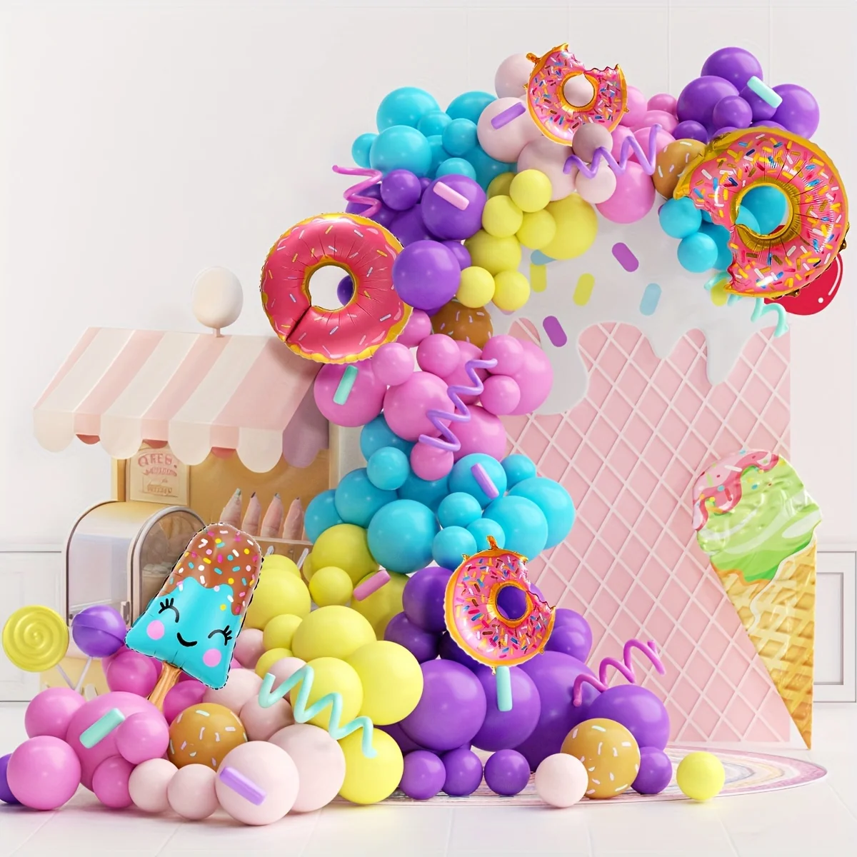 179pcs, donut themed Balloon Party Garland Arch kit suitable for decorating parties, birthdays, anniversaries and more