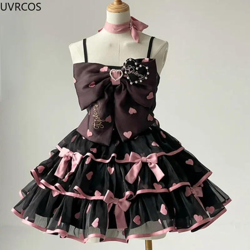Japanese Victorian Lolita Dresses Women Gothic Cute Lace Bow Y2k Tank Tops Tiered Love Cake Skirt Suit Kawaii Sweet Lolita Sets