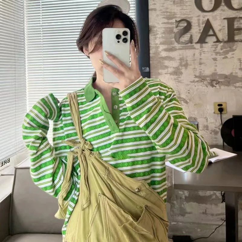 Early Autumn Polo Striped Color Matching Loose Casual Long Sleeve T-shirt