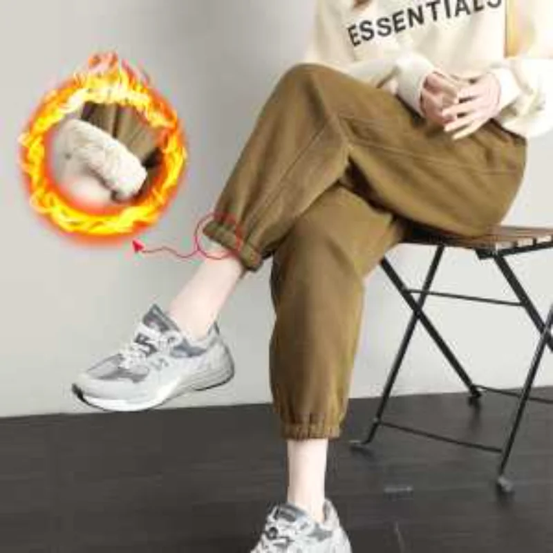 Pantalon Long de sport en velours épais pour femmes, ample, décontracté, en coton, survêtement en agneau, tendance, nouvelle collection automne hiver