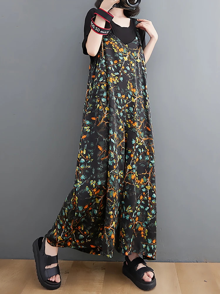 Women Summer New Fashion Suspender Floral Vintage Print Wide Leg Female Loose Jumpsuits Lady Cozy Casual Culottes Black Trousers