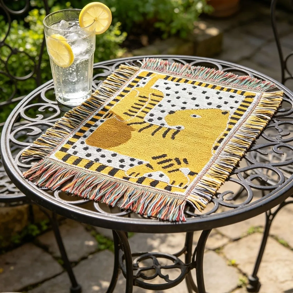 Thickened Tassel Placemat Flower Pattern Non-Slip Tiger Print Table Mats Wear-Resistant Decorative Bowl Mat Dining Table