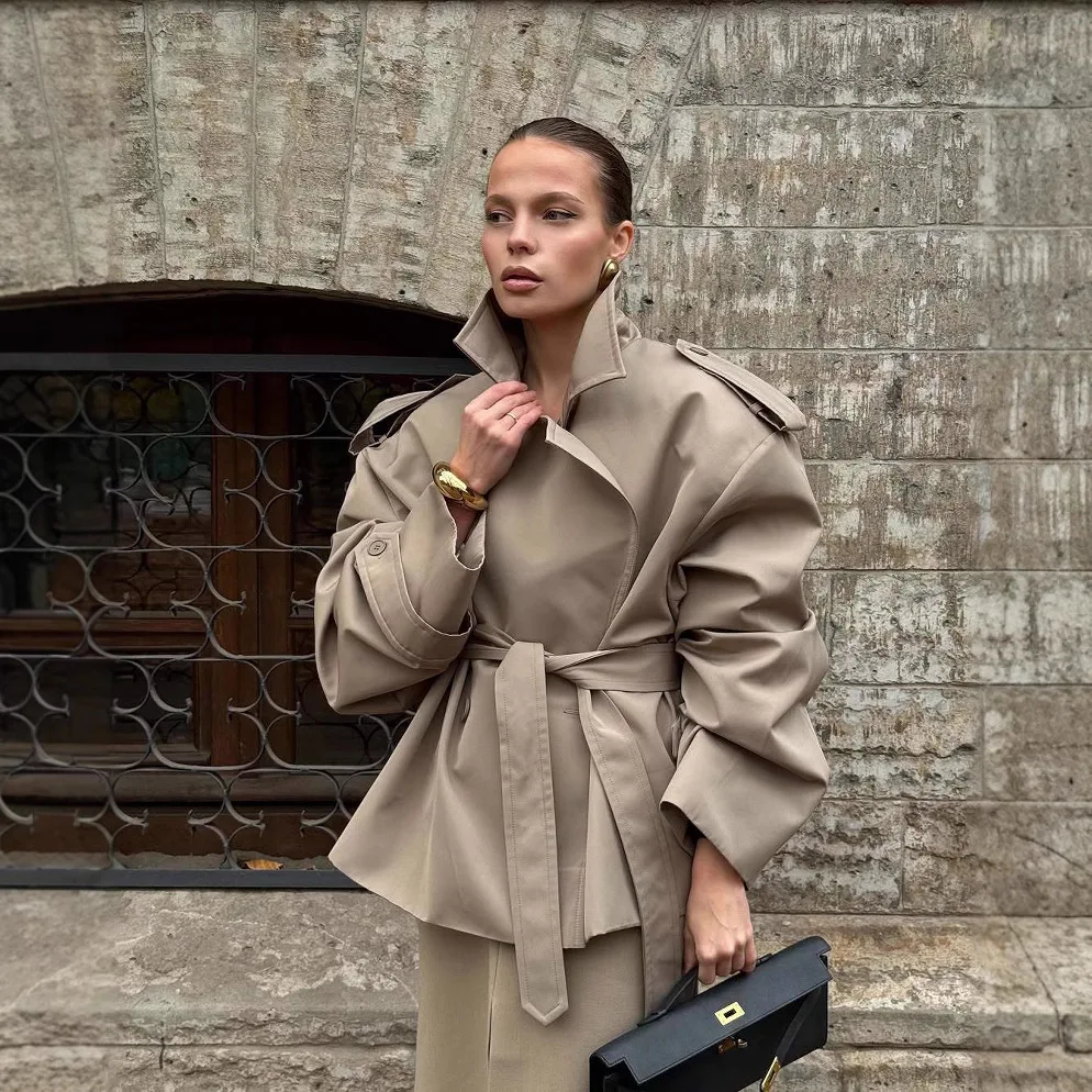

2025 Khaki Lapel Long-sleeved Lace-up Short Trench Coat European and American Fashion Temperament High Sense