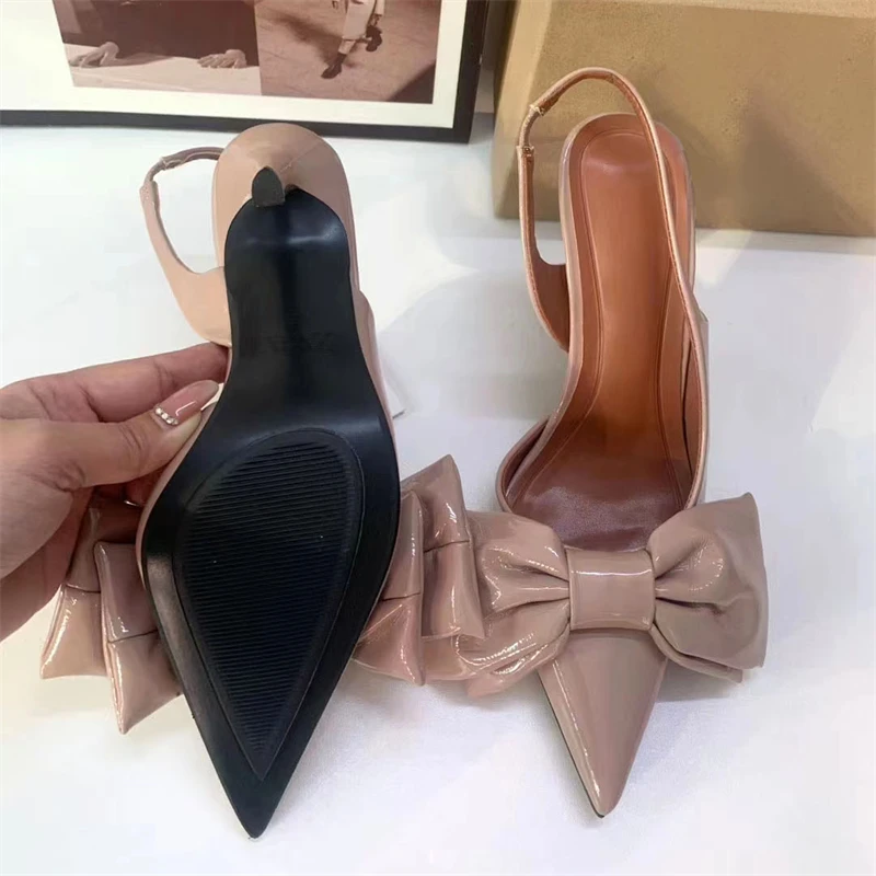 Pink Bow Knoit High Heels Stilettos For Woman Autumn Point Head Thin Heel Slingacks Pumps Women Patent Leather Sandal Shoes New