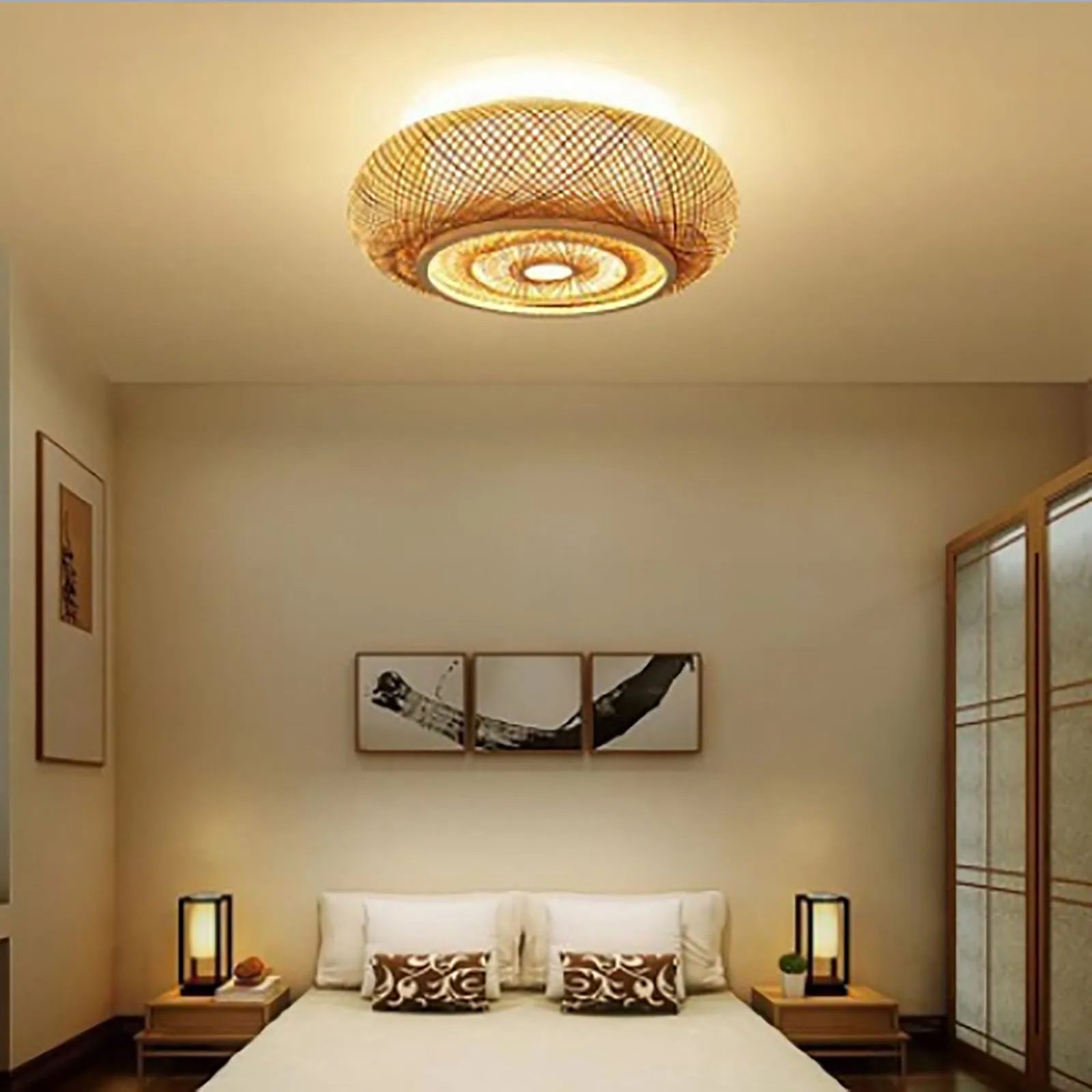 Rustic Bamboo Rattan Ceiling Light Art Pendant Lamp Drum Shape Lighting Fixture