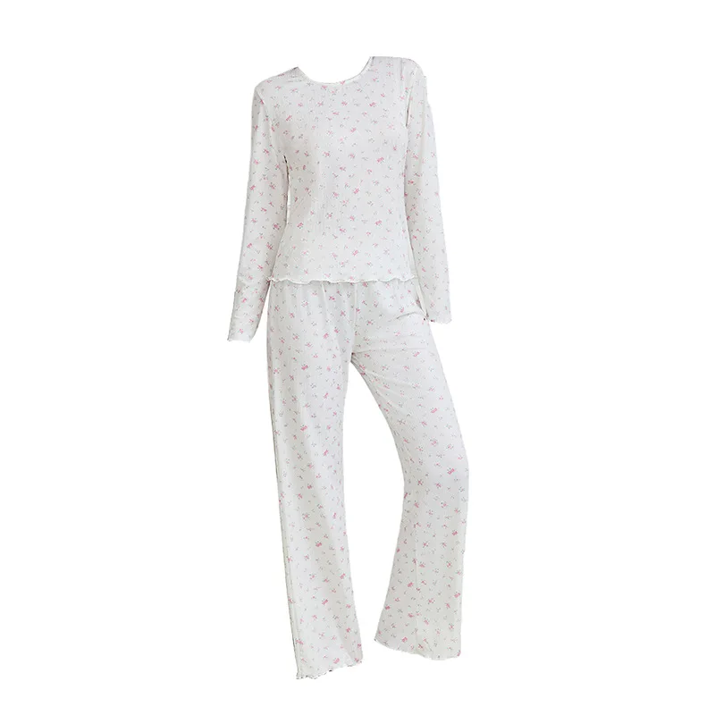 Krismile Print 2 Piece Pajama Sets for Women 2025 Spring Autumn Casual O Neck Long Sleeve Short Top Straight Pants Home Clothes