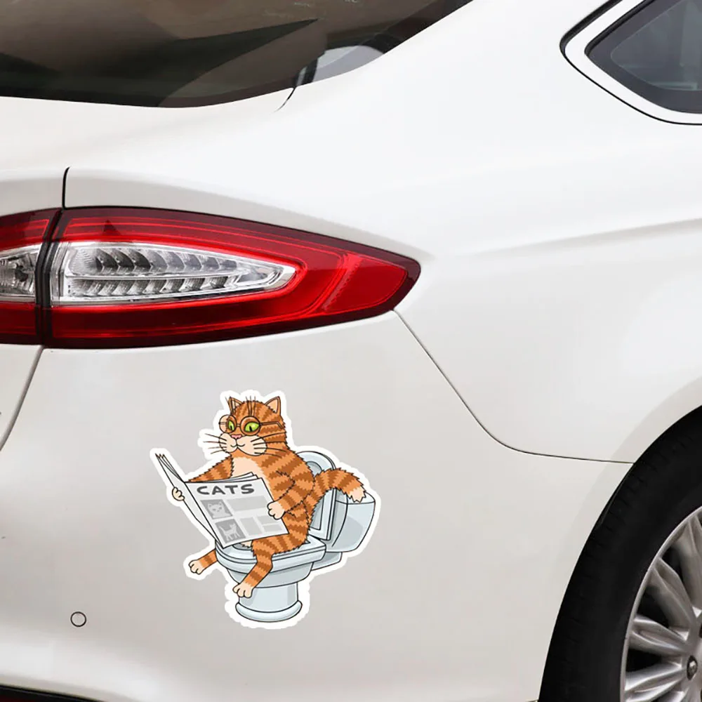 Car Sticker Interesting Cat on The Toilet Wearing Glasses Reading A Newspaper Cover Scratches Waterproof PVC,14cm*15cm