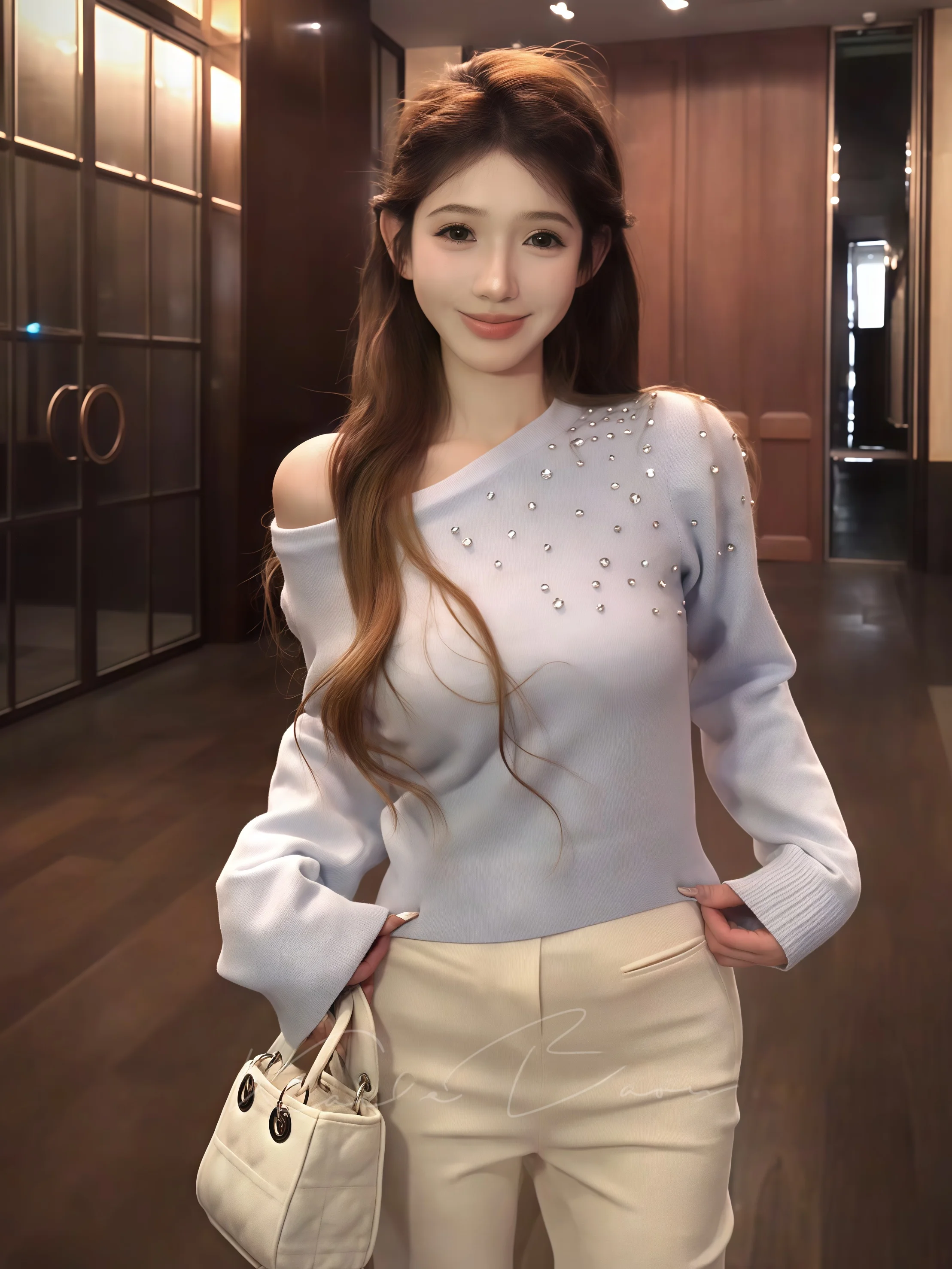 

Blue Long Sve Sparkling Rhinestone Women's Knitwear Slimming Base Layer Top Gentle Waist-Cinching Korean Sle Autumn Winter