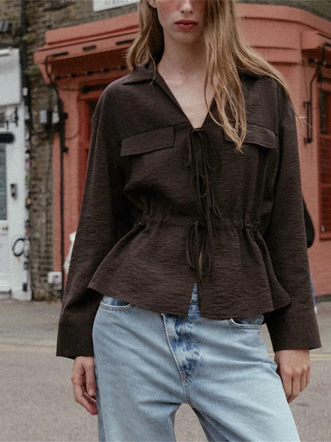 

Ele Long Sve V-Ne, женская повседневная одежда с узлом, декор, новая осенняя мода, простая смесь хлопка и полиэстера