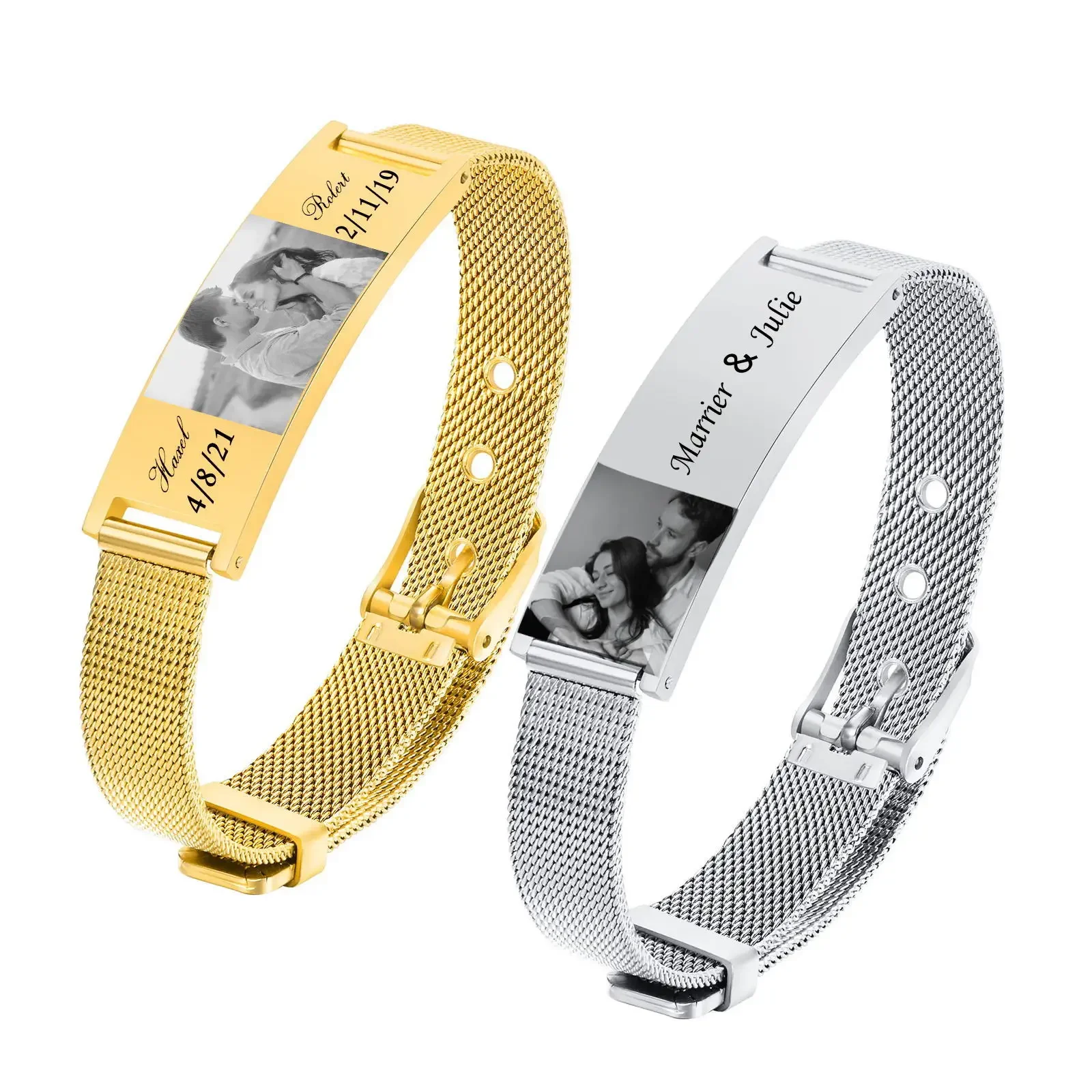 Personalized Photo Bracelet, Stainless Steel Mesh Chain Bracelet for Women Men, Adjustable Chain  5.9
