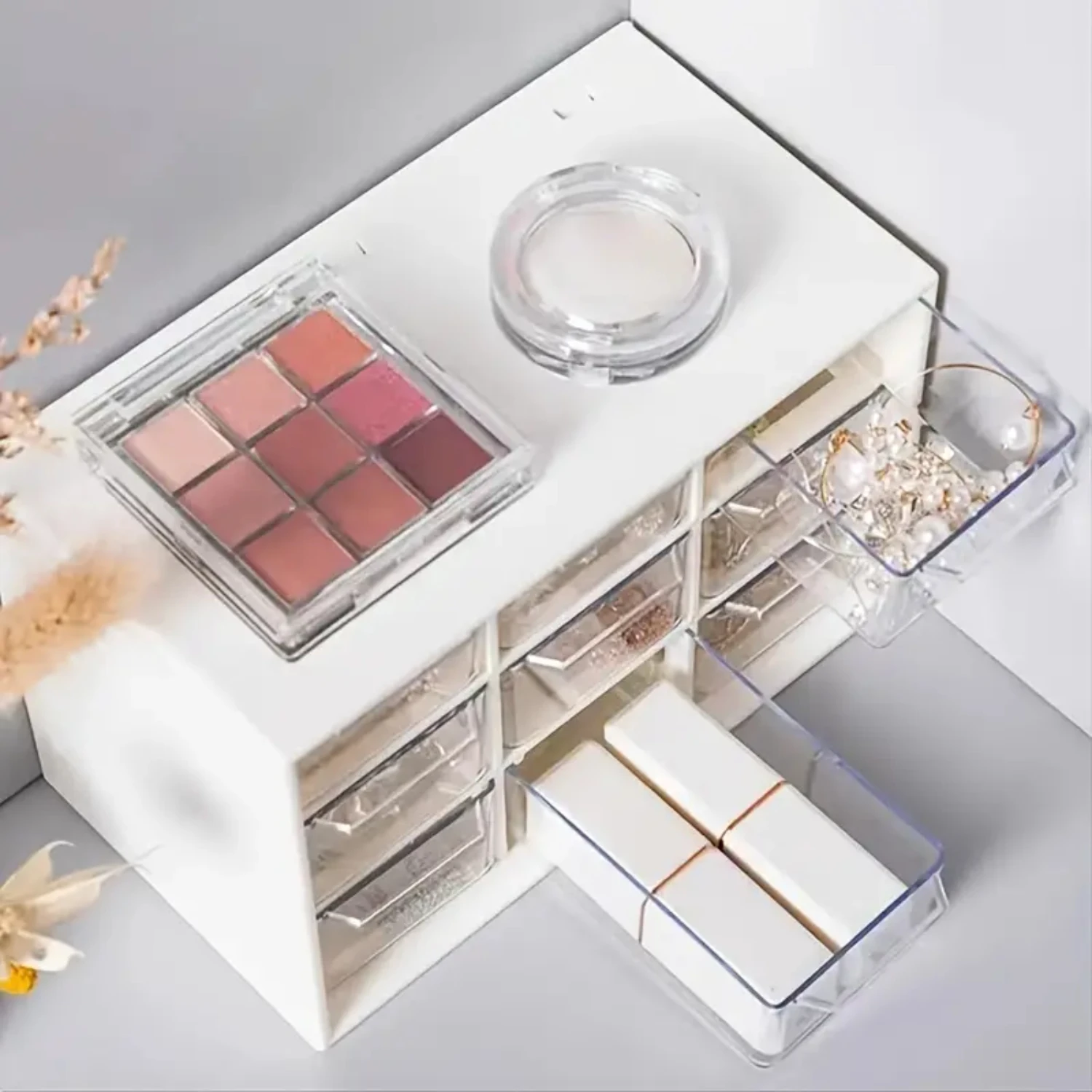 Caja de almacenamiento de plástico multifuncional, moderna y elegante, con 9 compartimentos para lápiz labial y organización de colección de maquillaje cosmético