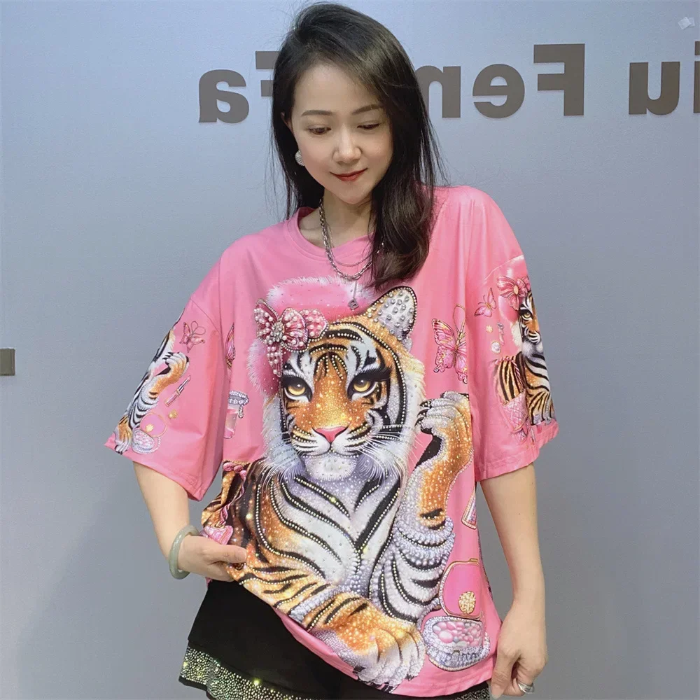 2025 Casual Cartoon Tiger Printed T Shirts for Women Summer Clothes Loose Hot Diamonds Beading Short Sleeve Tops Tee Female