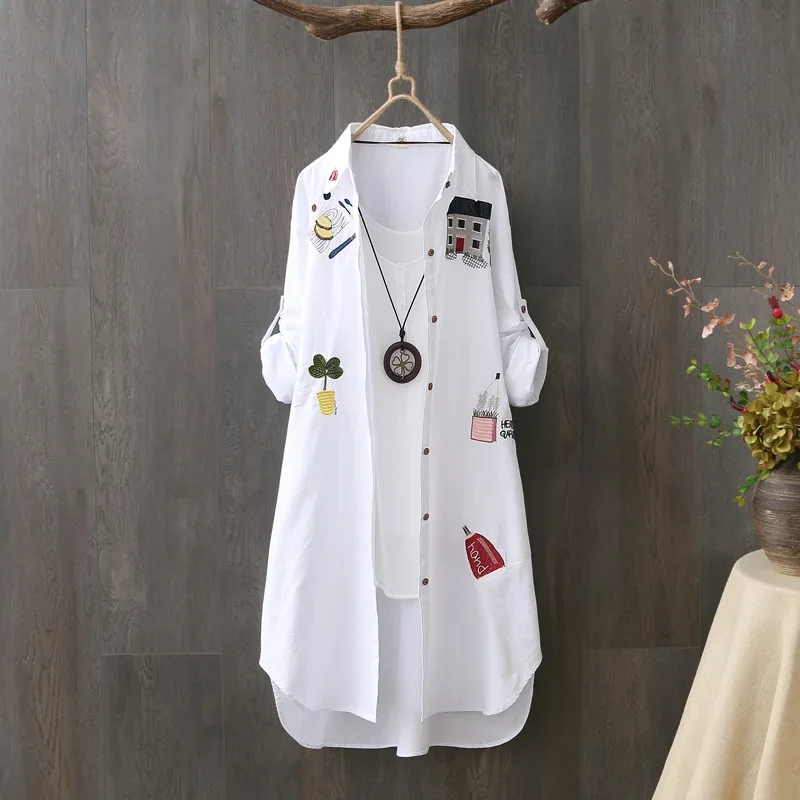 Women Cotton Embroidery Loose Long White Shirts 2024 Spring Autumn New Casual Office Lady Blouse Female Top Loose Shirt WERF