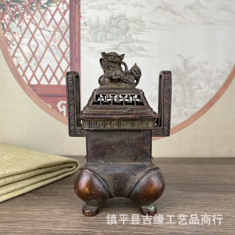 Four-Legged Double-Eared Lion Lid Patina Ornament Antique High-Neck Burner Incense