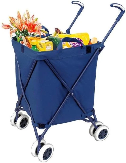 Blue Patent Foldable Shopping Cart Waterproof Thick Canvas Bag Double Front Swivel Wheels Max 120LBS Compact Fold For Daily Grocery Transport