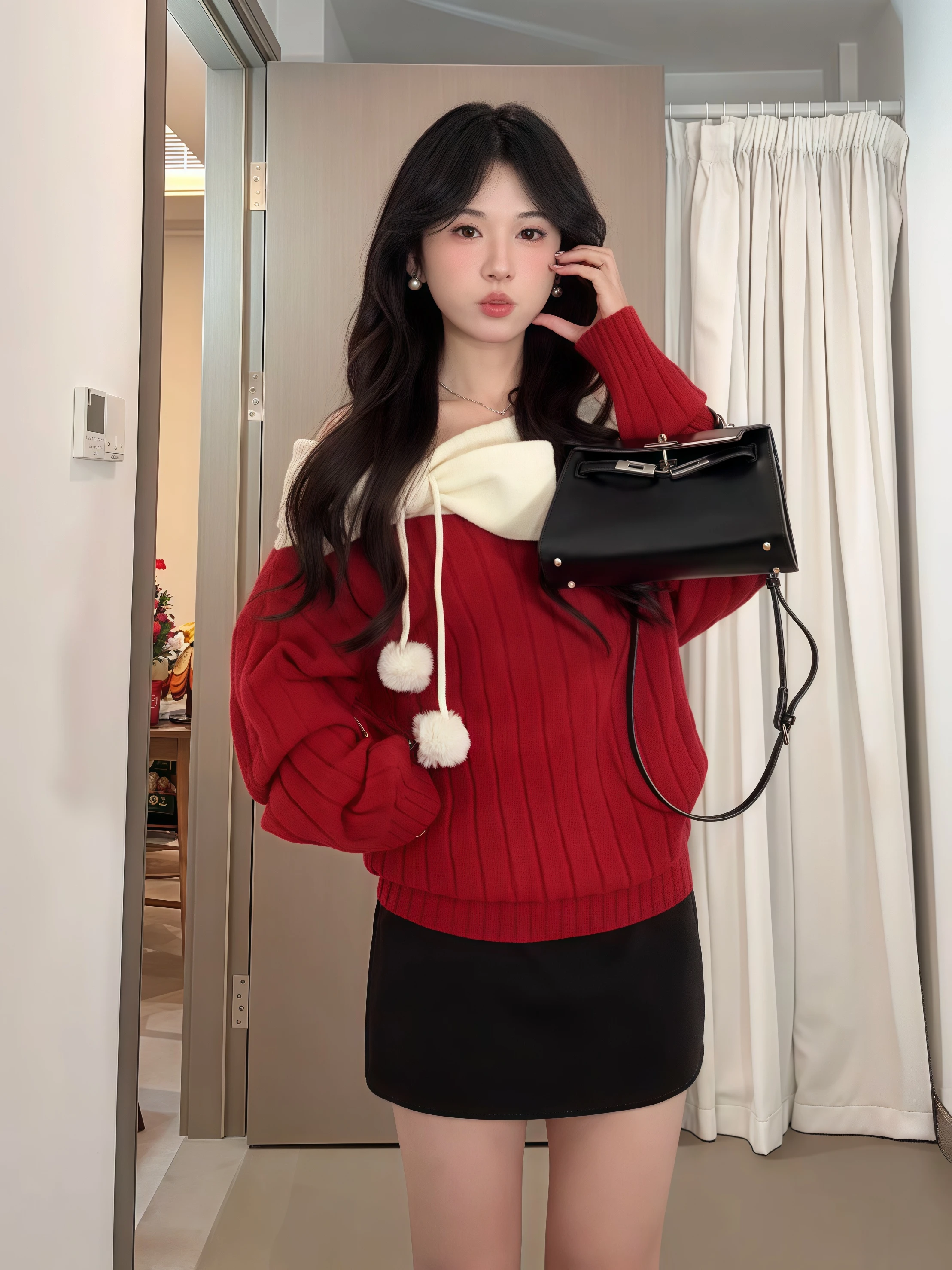 Rote One-Shoulder-Strickwaren mit Knoten, weiches, gemütliches Damen-Herbst-Winter-Faion, einzigartiges Oberteil für Neujahrsoutfit