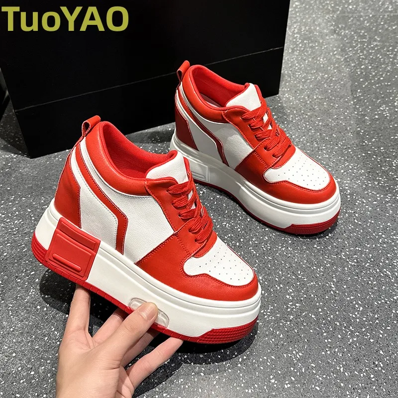 

10cm Cow Genuine Leather Females Comfort Casual Ladies Vulcanize Women Platform Autumn Spring High Brand Sneakers Breathable