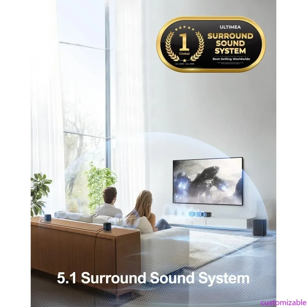 شريط صوت 5.1 قناة مع Dolby Atmos، نظام صوت محيطي للتلفزيون، التحكم في التطبيقات، نظام صوت المسرح المنزلي، مكبرات صوت للتلفزيون مع Subwoo