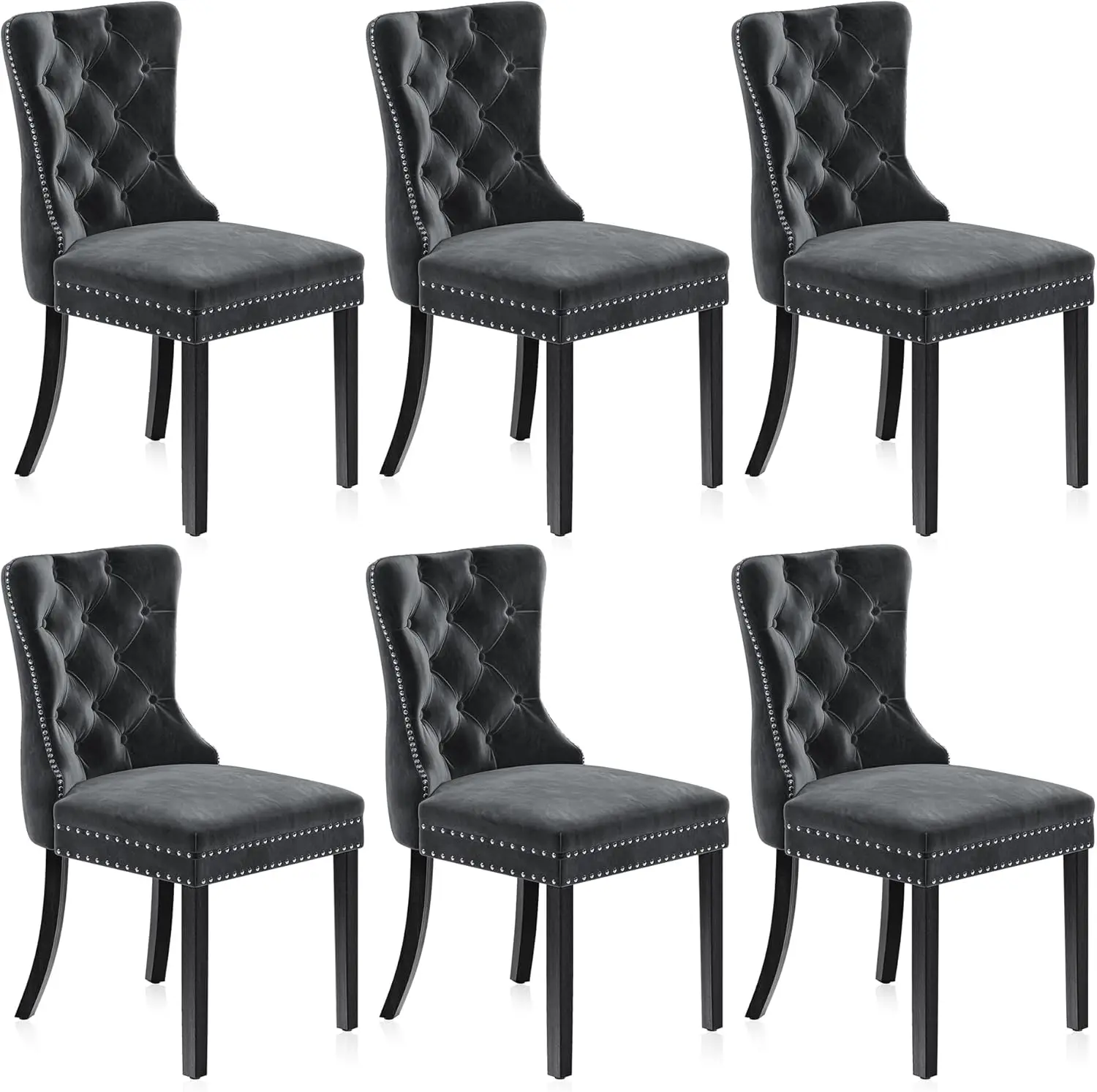 BELLEZE Upholstered Dining Chairs Set of 6, Velvet Luxury Dining Room Chairs with Button Back, Nailhead Trim, Pull-Ring, Solid W