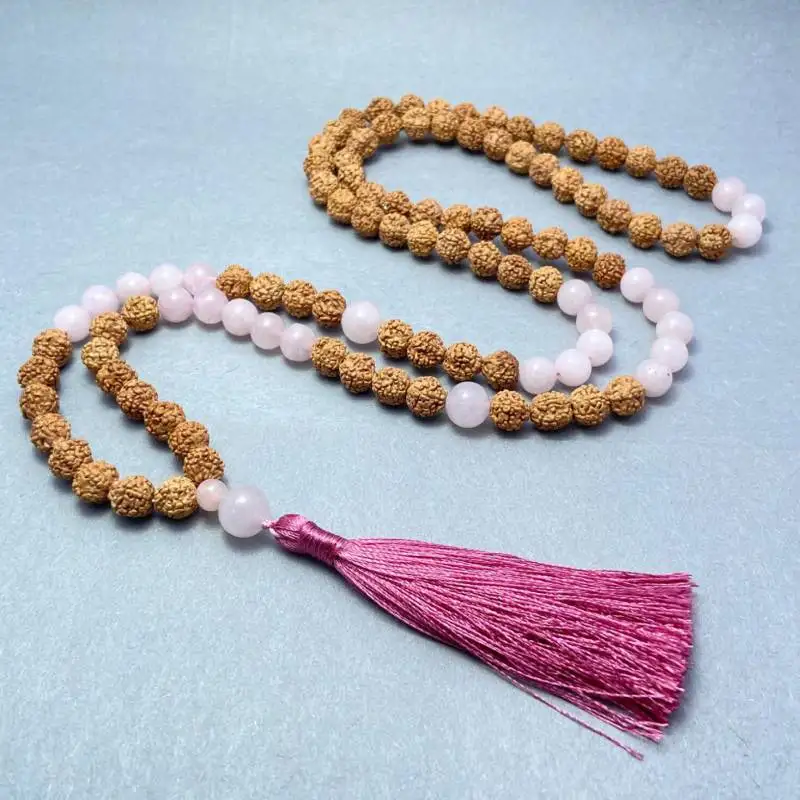 

Natural Rudraksha 108 Beads Mala Necklace with Rose Quartz Accent Pink Tassel Spiritual Jewelry