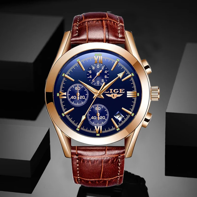 LIGE Fashion Outdoor Man Watch Simple Dial Military Leather Strap Casual Sports Waterproof Auto Date Quartz Watches for Men Gift