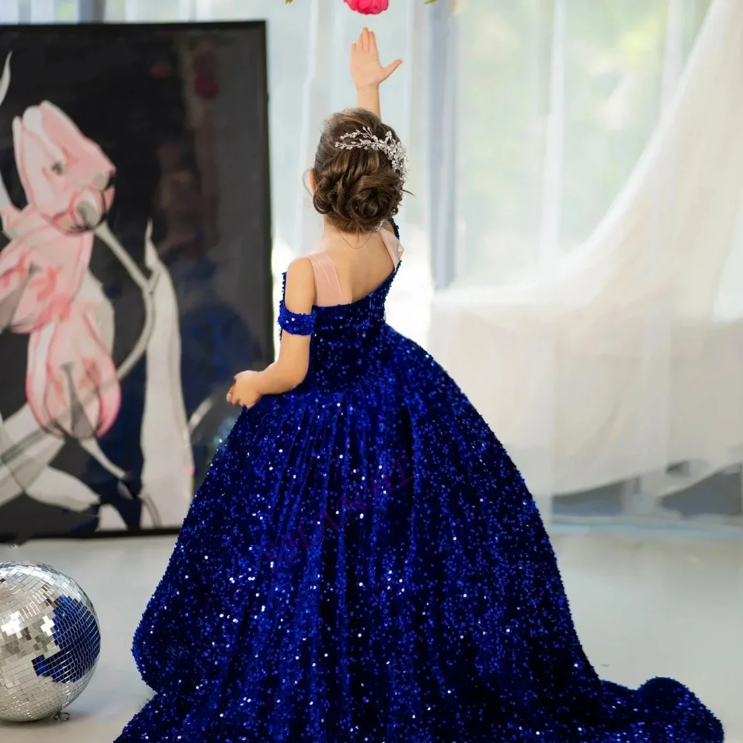 فستان بناتي على شكل زهرة زرقاء ملكية لحفلات الزفاف مع فيونكة ذهبية مزينة بفساتين حفلات أعياد ميلاد الأطفال فستان أنيق للأطفال مخصص #5