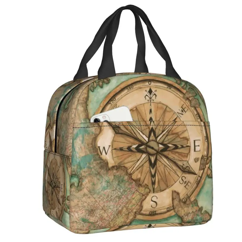 Vintage Nautical Compass Insulated Lunch Bags for Camping Travel Sailing Sailor Waterproof Thermal Cooler Lunch Box Women Kids