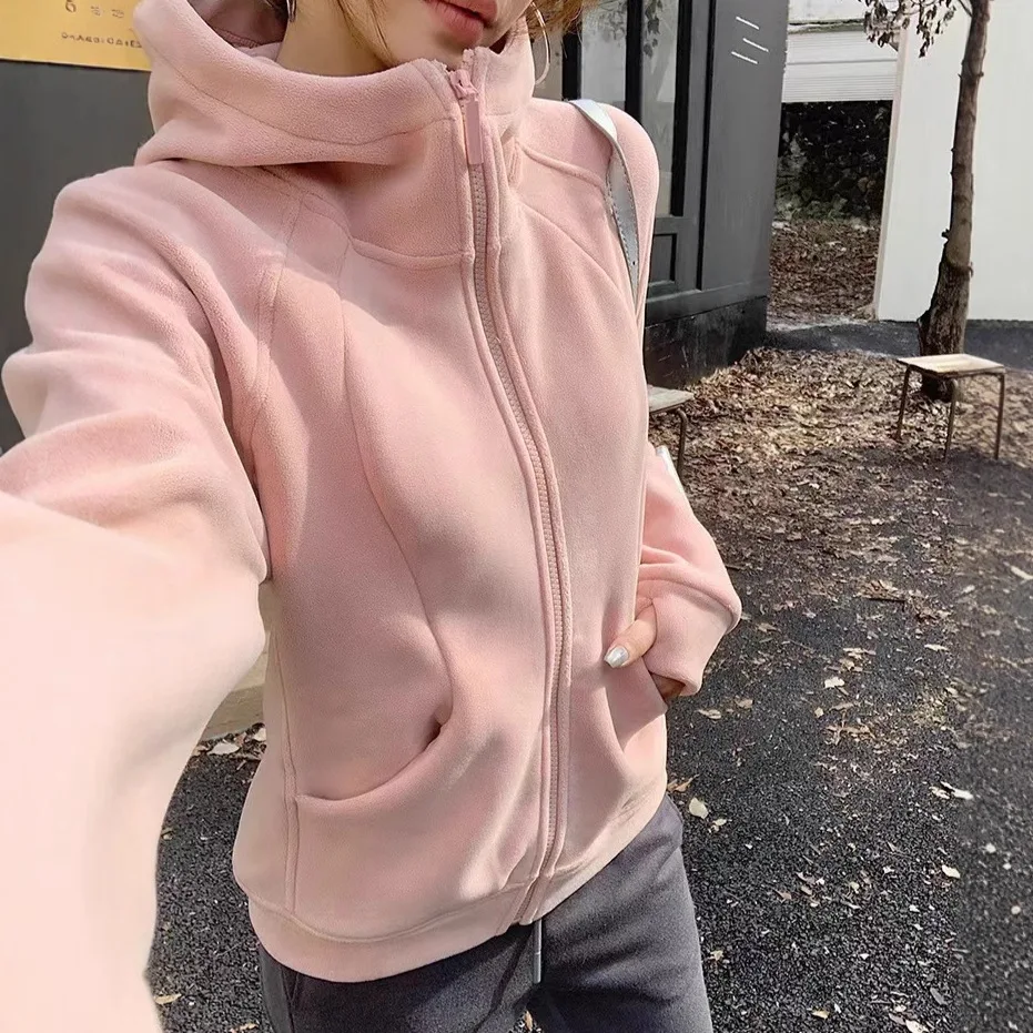 秋冬新無地肥厚フリース長袖女性痩身ジッパーフード付きスウェットシャツジャケットFY