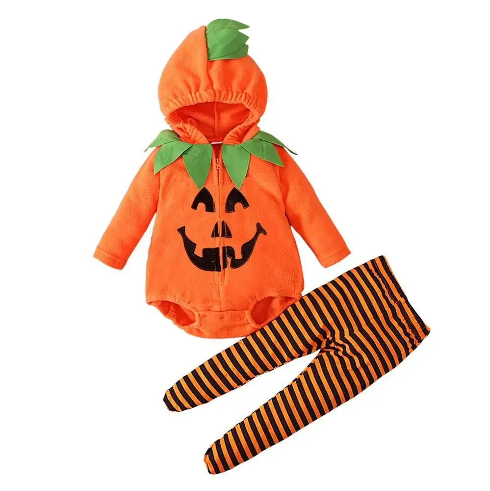 Halloween-Partykostüm für Babys: Kürbis-Kapuzen-Strampler mit gestreifter Hose, Kinder-Cosplay-Verkleidungsset – Detail 3