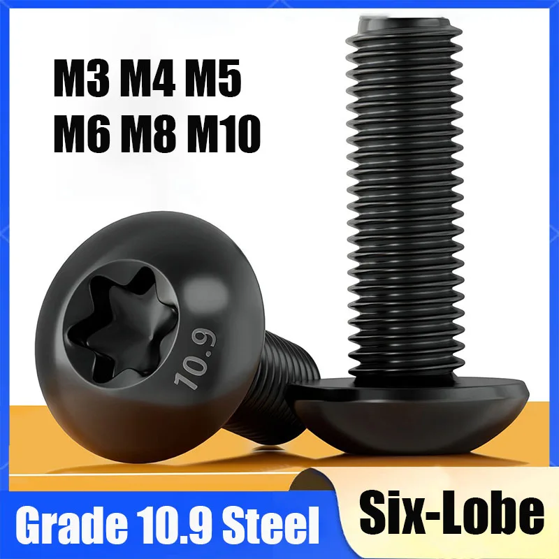 5-30Pcs M3 M4 M5 M6 M8 M10 Black Torx Button Six Lobe Pan Head Screw Grade 10.9 Steel Tamper Proof Security Torx Pan Head Screw