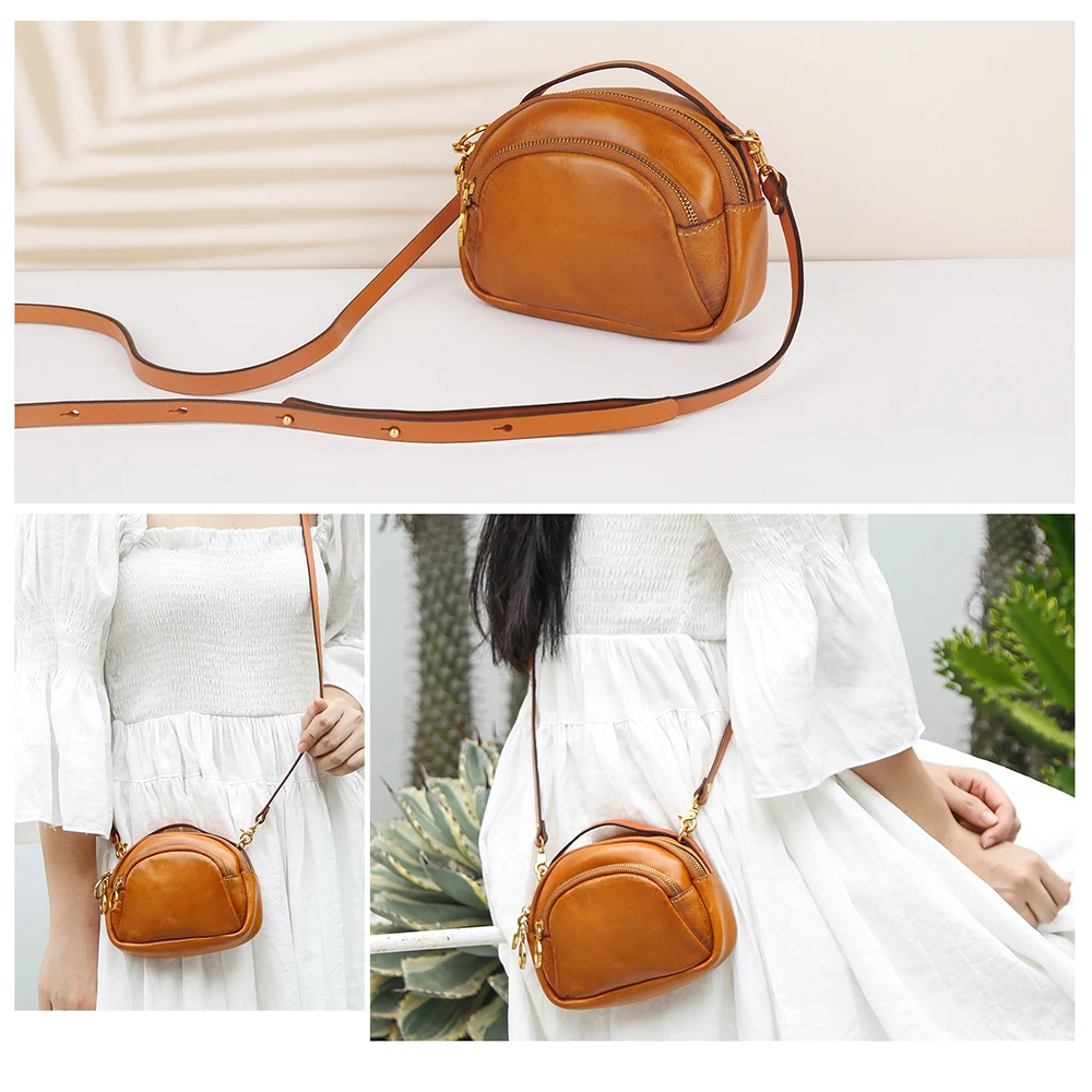 Genuine Leather Women's One Shoulder Crossbody Bag Simple Mobile Phone Bag Plant Tanned Leather Lightweight Handbag for Women