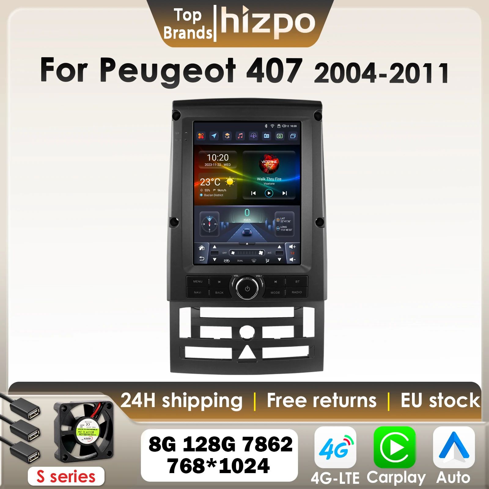Hizpo 9.7inch Carplay Android Car Radio For Peugeot 407 2004
