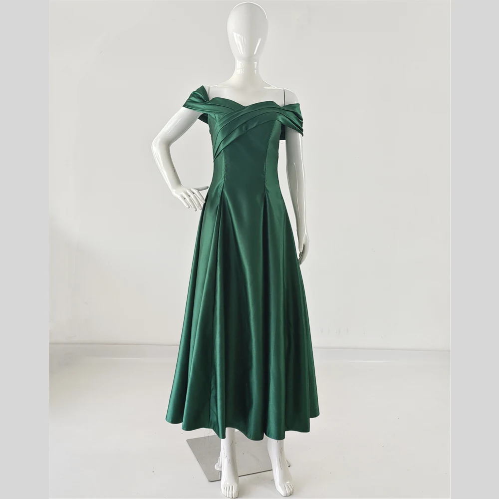 

Real Photo Evening Dress Short Green Satin Off the Shoulder Sleeves Ankle-Length Pleat A-Line Plus Size Women Party Formal Gowns