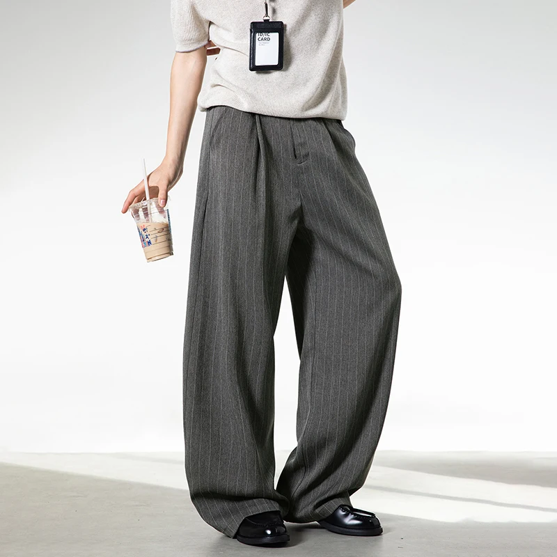 WTHT Fashion Men's Striped Pleated Straight Loose Blazer Pants Vintage 2026 Spring Korean-style Wide Leg Trousers Male 2A2704