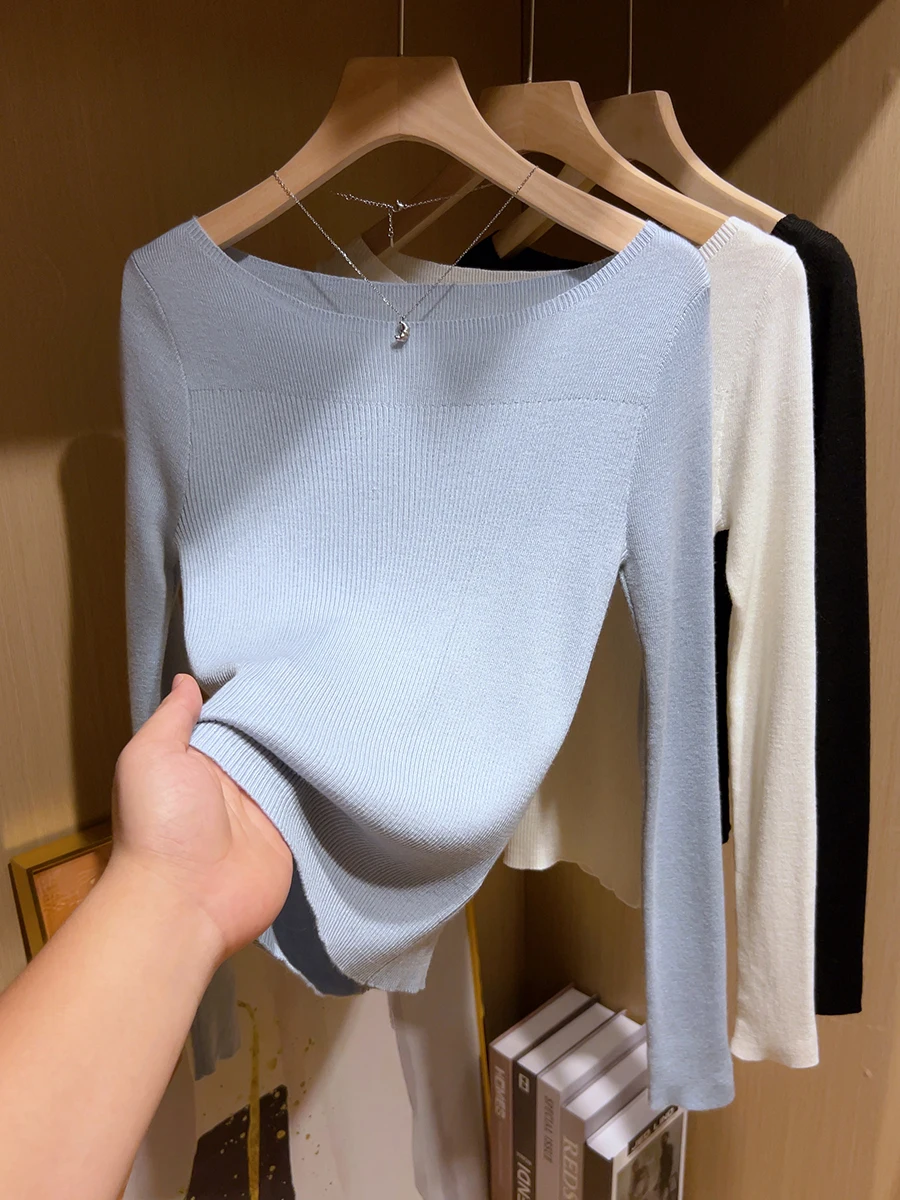 حجم كبير حصيرة المرأة جولة Ne Long Sve محبوك irt الأزرق التخسيس قاعدة طبقة أعلى الخريف الشتاء Faion ملابس داخلية