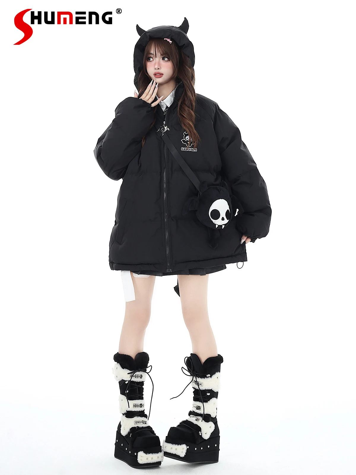 American Fashion Street Style Sweet Cool Y2K Girl Thickened Warm Loose Zipper Hooded Black Cotton Jacket Women Winter Overcoats