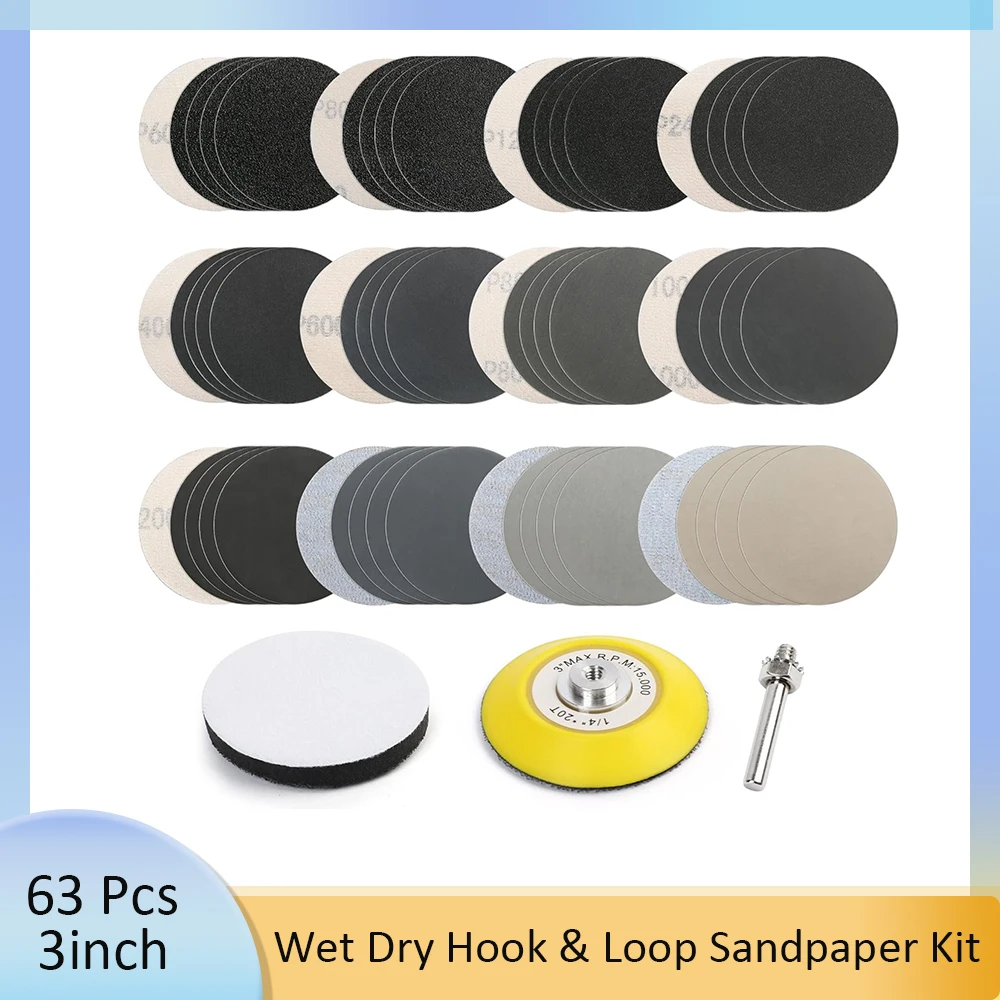 

63Pcs 3Inch Wet Dry Sanding Disc, Hook & Loop Sandpaper with 1/4” Backing Pad, Buffering Pad, for Car Wood Polishing & Finishing