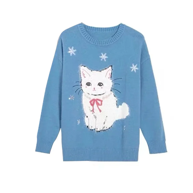 Blue Cat Embroidered Loose Sweater Pullover Women Autumn Winter Long Sleeve O-neck Tops Fashion Elegant Chic Ladies Jumpers Y2K