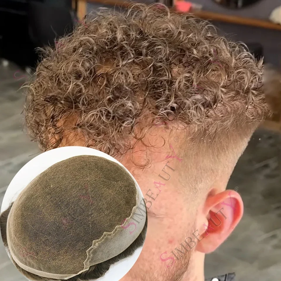 

Пепельно-русый светло-коричневый 18 мм вьющийся Q6 швейцарский кружевной парик из человеческих волос Натуральная линия волос Отбеленные узлы Мужская система волос Протез