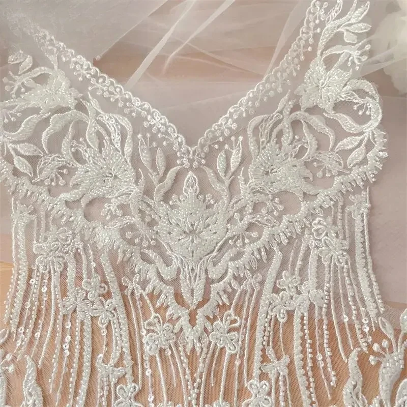 

59*32CM Ivory White Beaded Sequins Lace Chest Flowers 3D Wedding Dress Applique DIY Bridal Headdress Lace Collar Fabric Patch