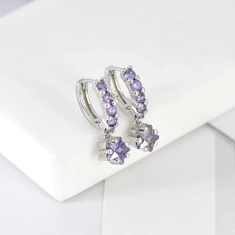 925 Sterling Silver Ear Needle Beautiful Purple Zircon Earrings Hoop Earrings Crystal Pendant Earring Fashion Wedding Jewelry