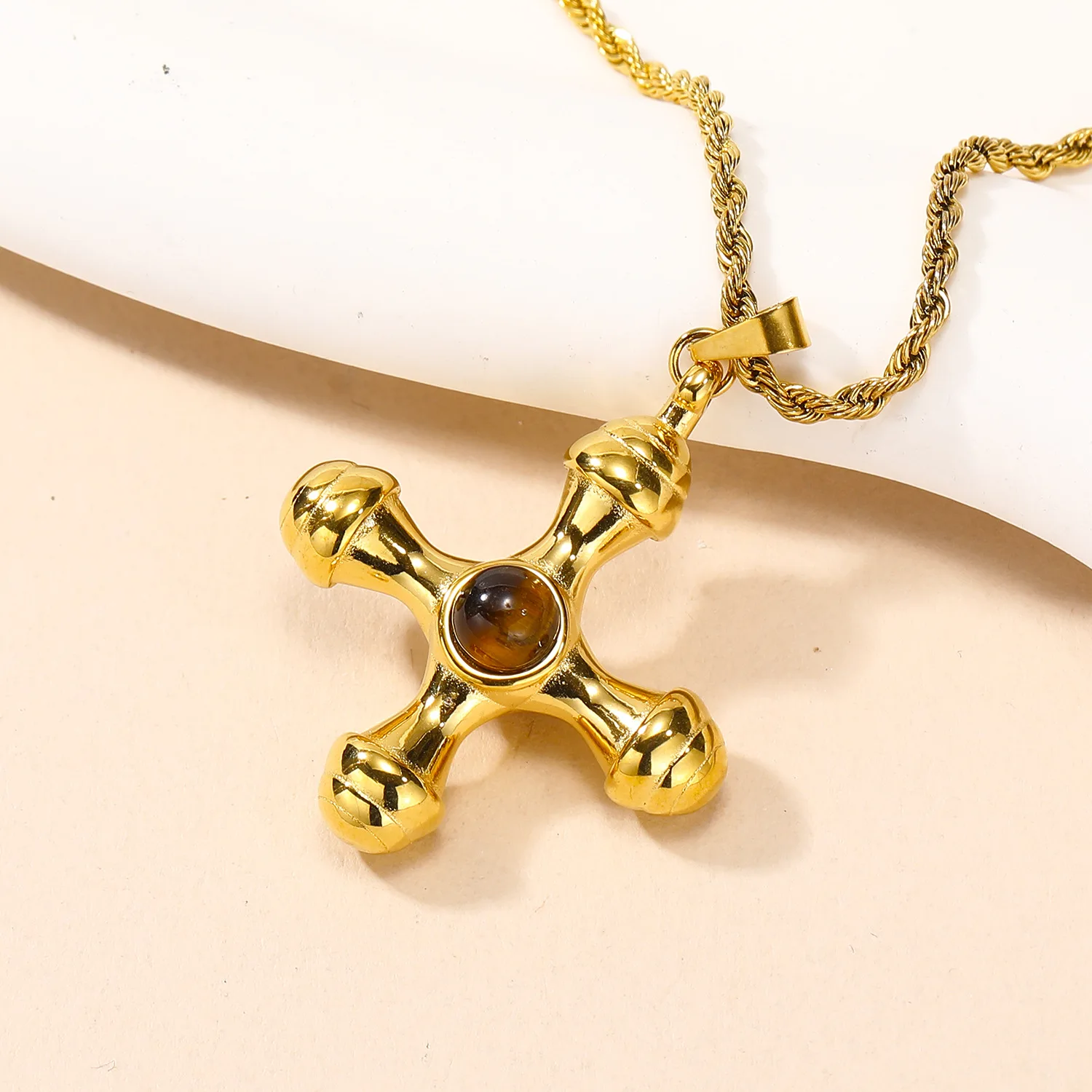 Stainless Steel Cross With Tiger Eye Stone Pendant Necklace Does Fade Women Men Couple Holiday Gift Necklace Versatile Jewelry
