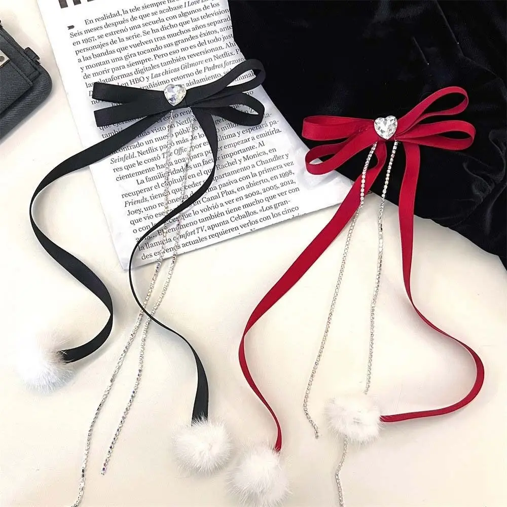 Plush Ball Bowknot Hair Clip Rhinestone Hair Side Clip Bow Crystal Duckbill Clip Tassel Headwear Sweet Barrettes Party