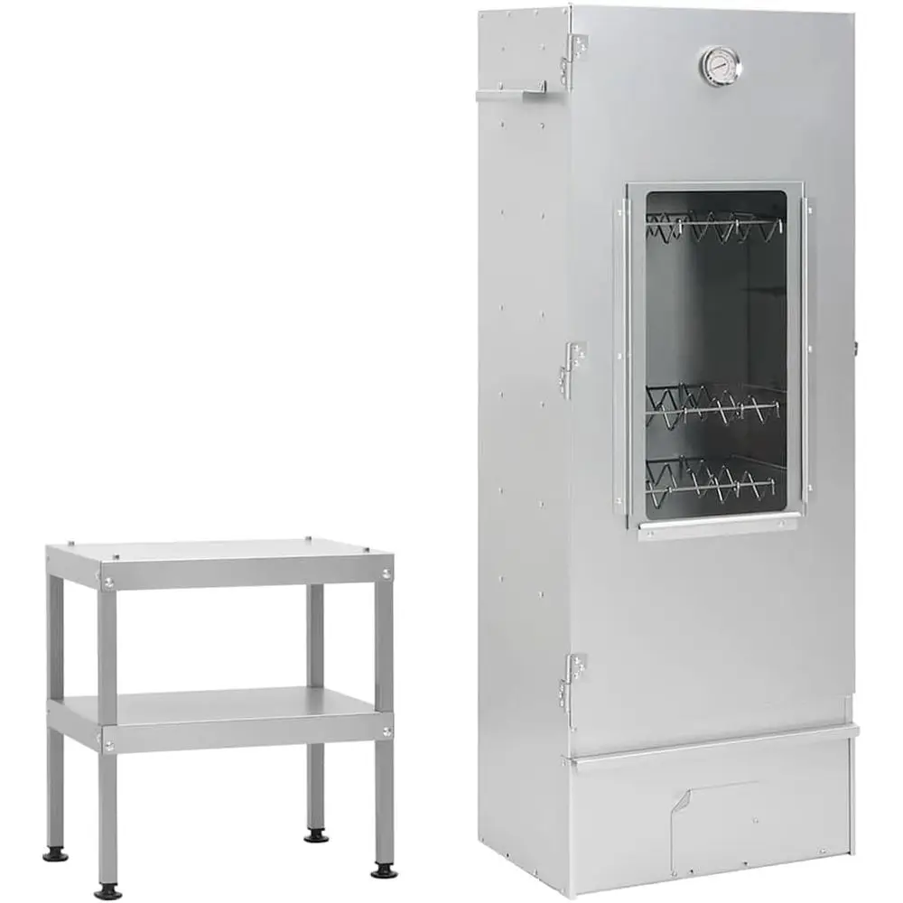 

43.3 Galvanized Steel BBQ Smoker Oven with Prep Table, Thermometer, Glass Window, and Storage