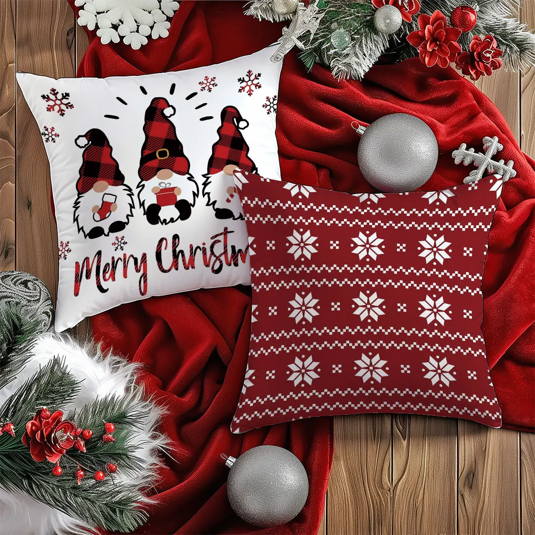 45cm Red Christmas Throw Pillow Cover Dwarfs, Snowflakes, Deer Patterns,  “Merry Christmas” for Home  Sofa Cushion Cover Decor