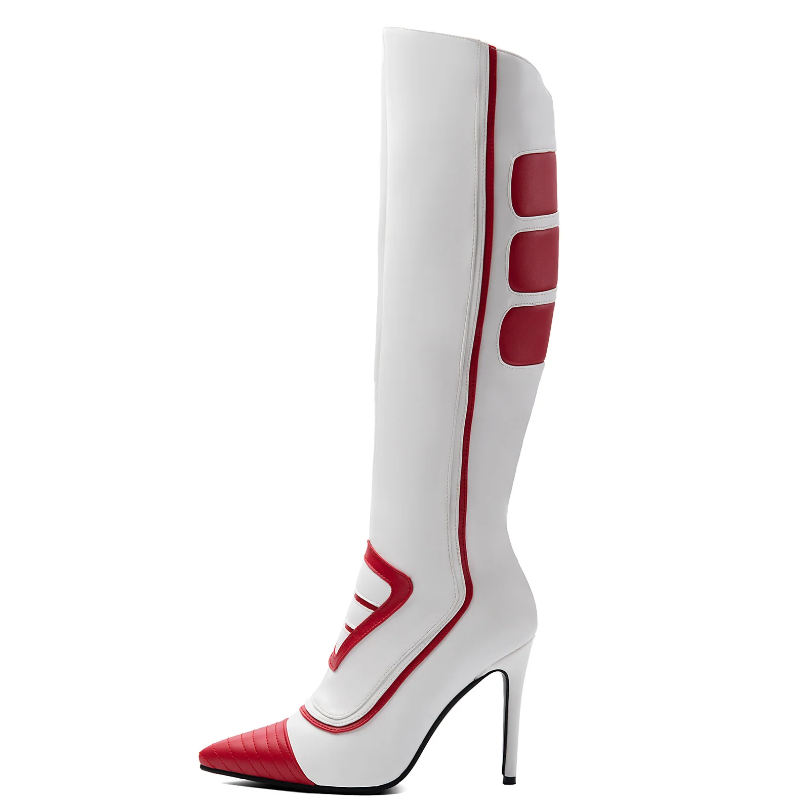 White Red Color Block Knee High Boots Side Zipper Pointed Toe Thin Stiletto Heel Women Street Stage Fashion Tall Boots